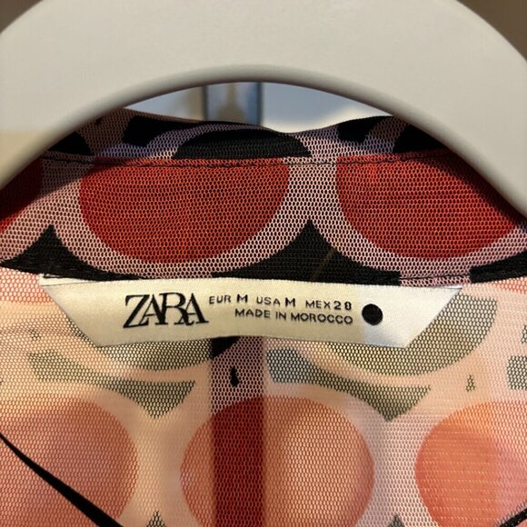 Zara Sheer Ruched Button Front Blouse Red Black Polka Dot - Picture 3 of 6